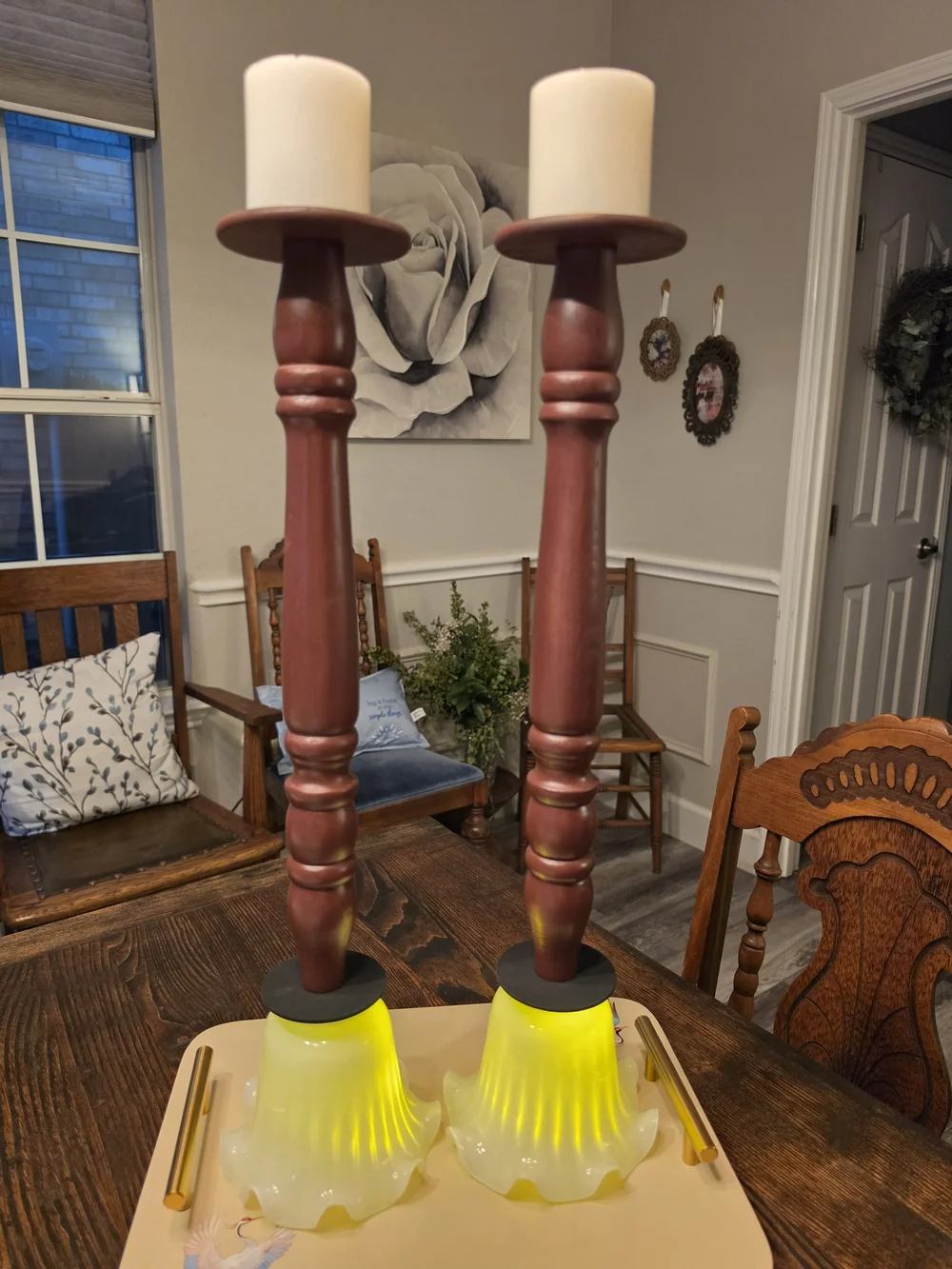 Vintage Wood candlestick holders glass tulip-shaped hurricane shade bobeches